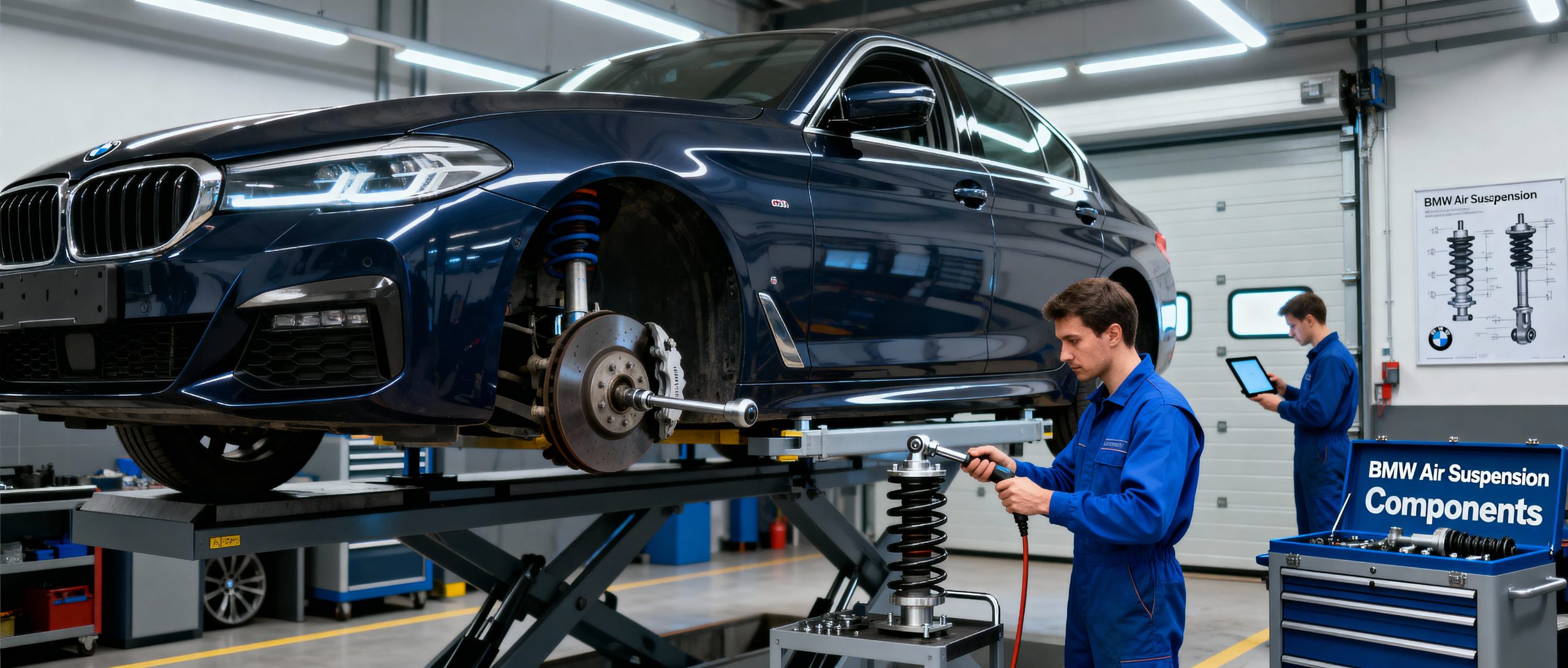 Mechanic repairing BMW air suspension covered when you buy extended warranty used BMW