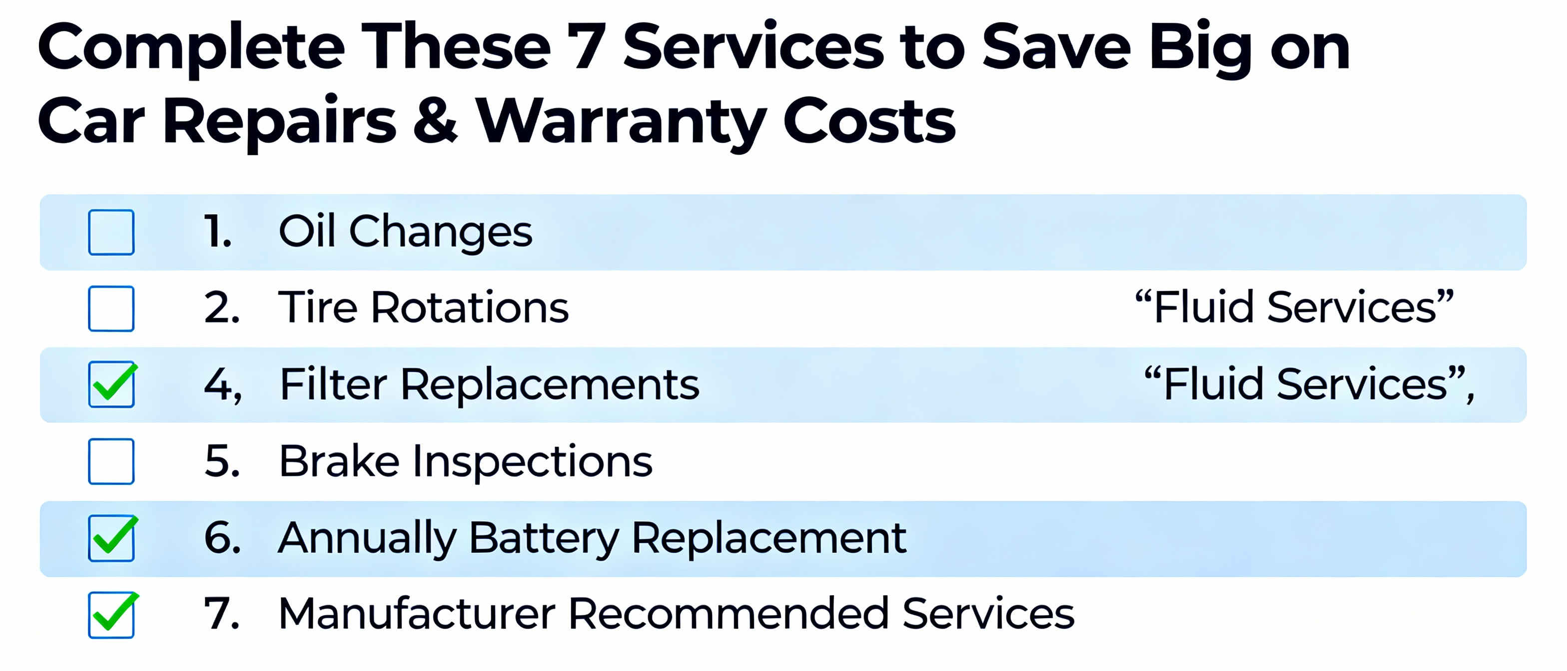 Extended warranty maintenance checklist showing seven critical requirements including oil changes tire rotations and fluid services