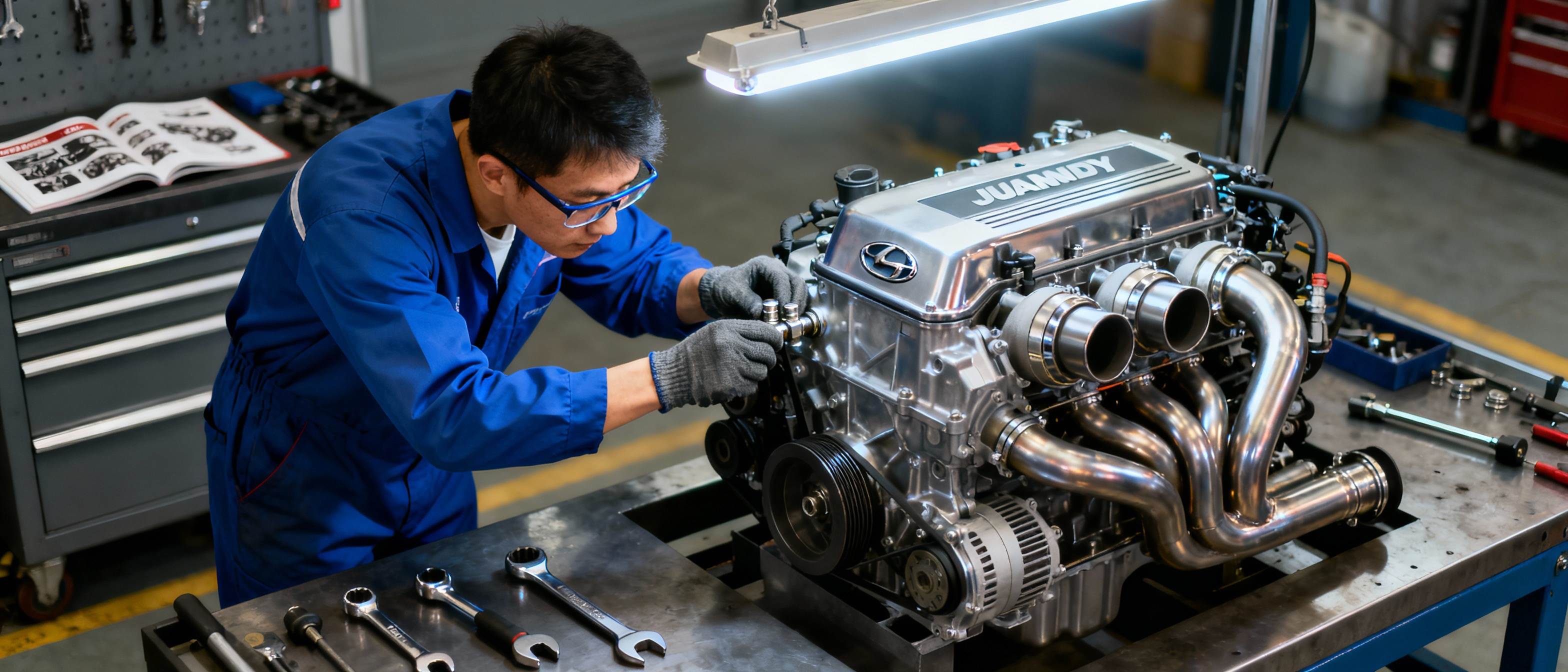 Mechanic repairing Genesis twin-turbo engine covered by used Genesis extended warranty