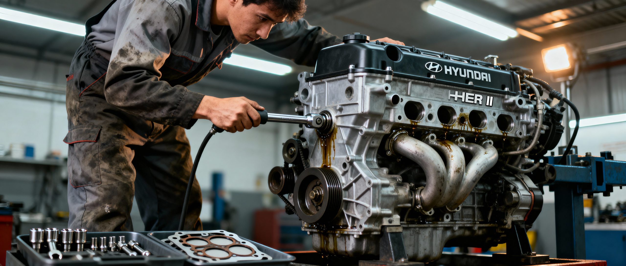 Mechanic repairing Hyundai Theta II engine covered when you buy extended warranty used Hyundai