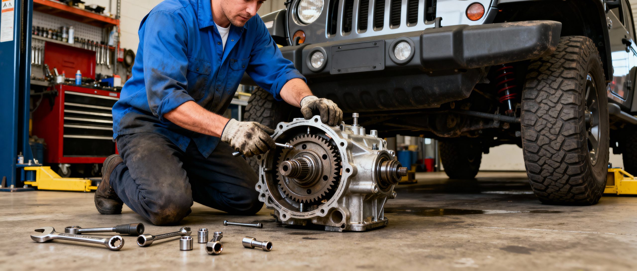 Mechanic repairing Jeep transmission or transfer case covered when you buy extended warranty used Jeep