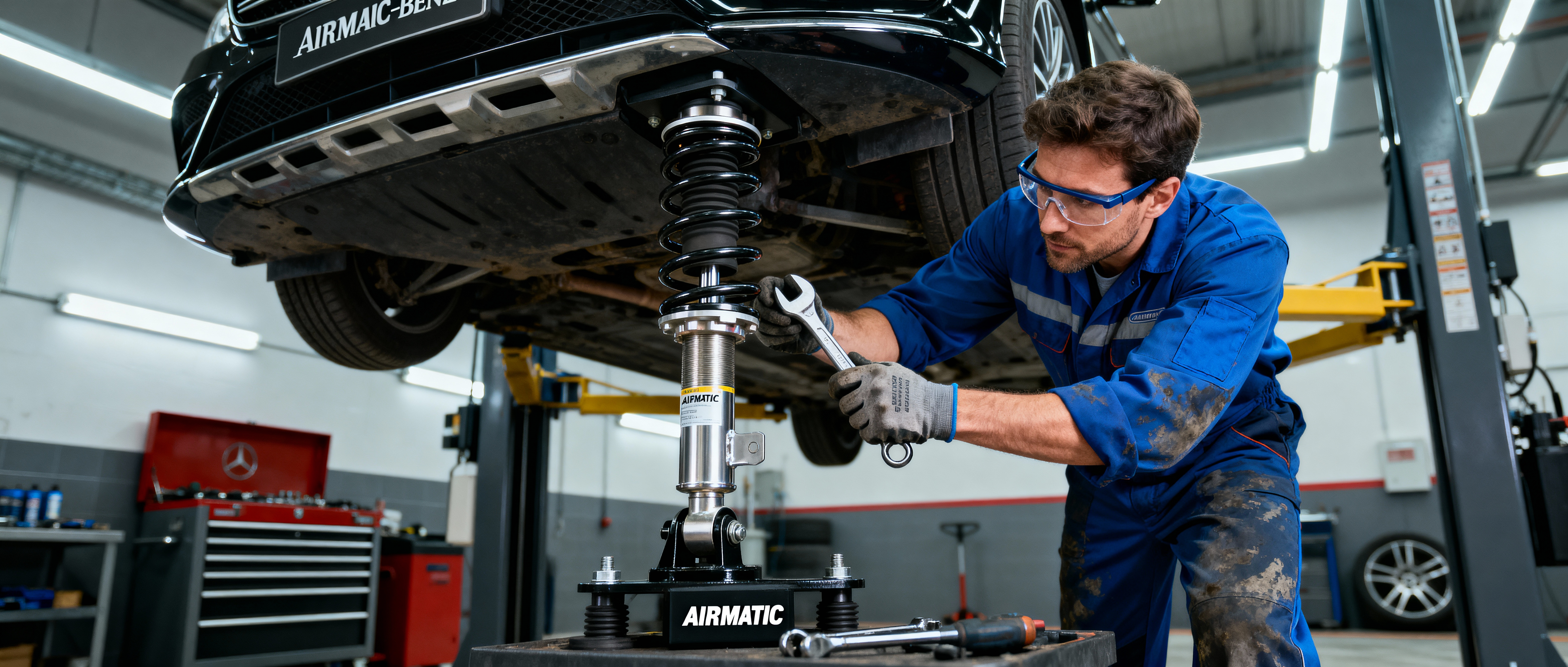 Mechanic repairing Mercedes AIRMATIC suspension covered when you buy extended warranty used Mercedes
