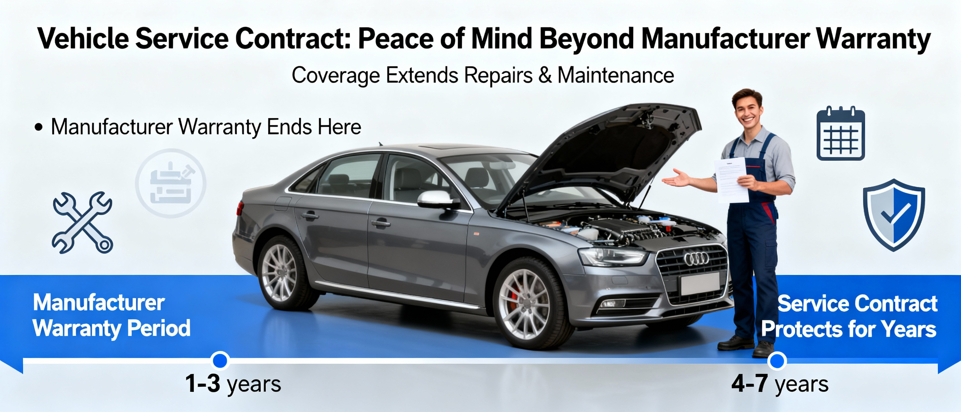 Vehicle service contract protecting high mileage car after manufacturer warranty expires showing repair shop flexibility
