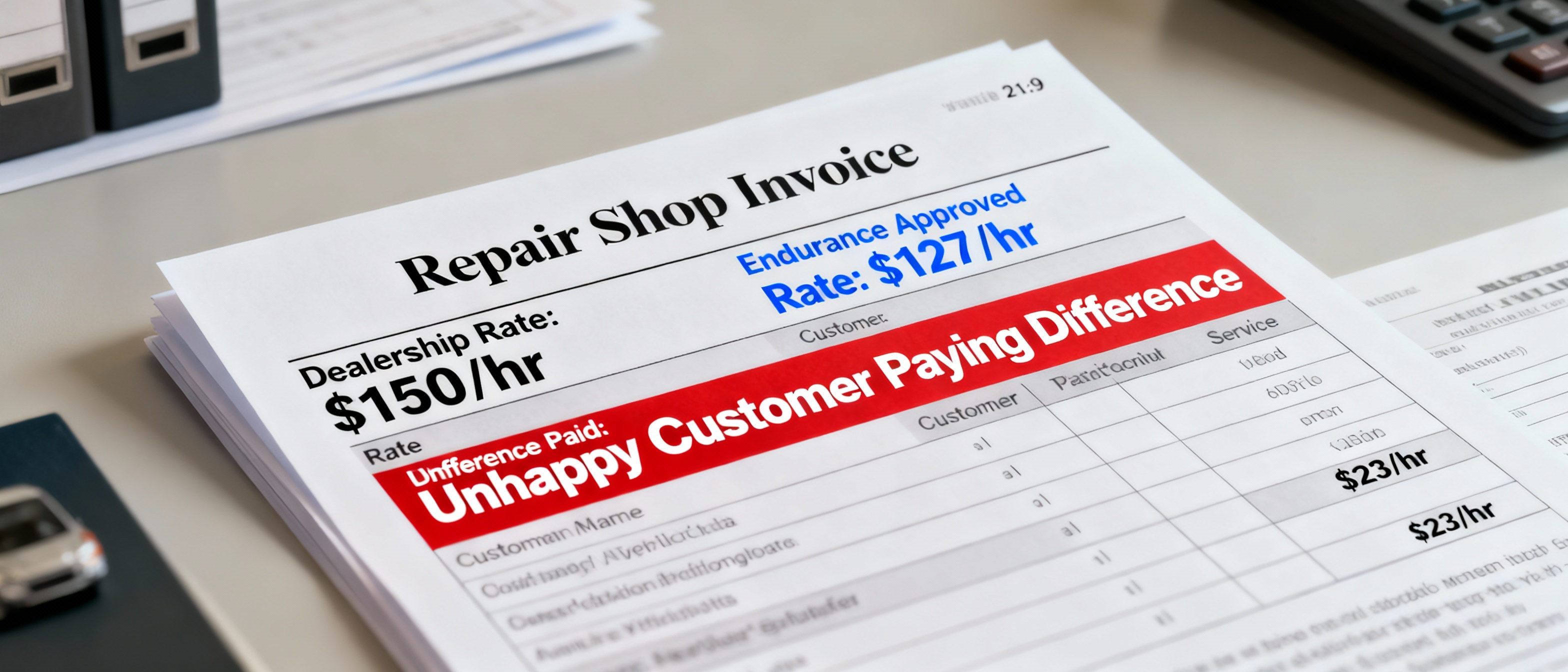 Endurance warranty review showing labor rate reimbursement cap problem where customer must pay difference between shop rate and approved rate out of pocket