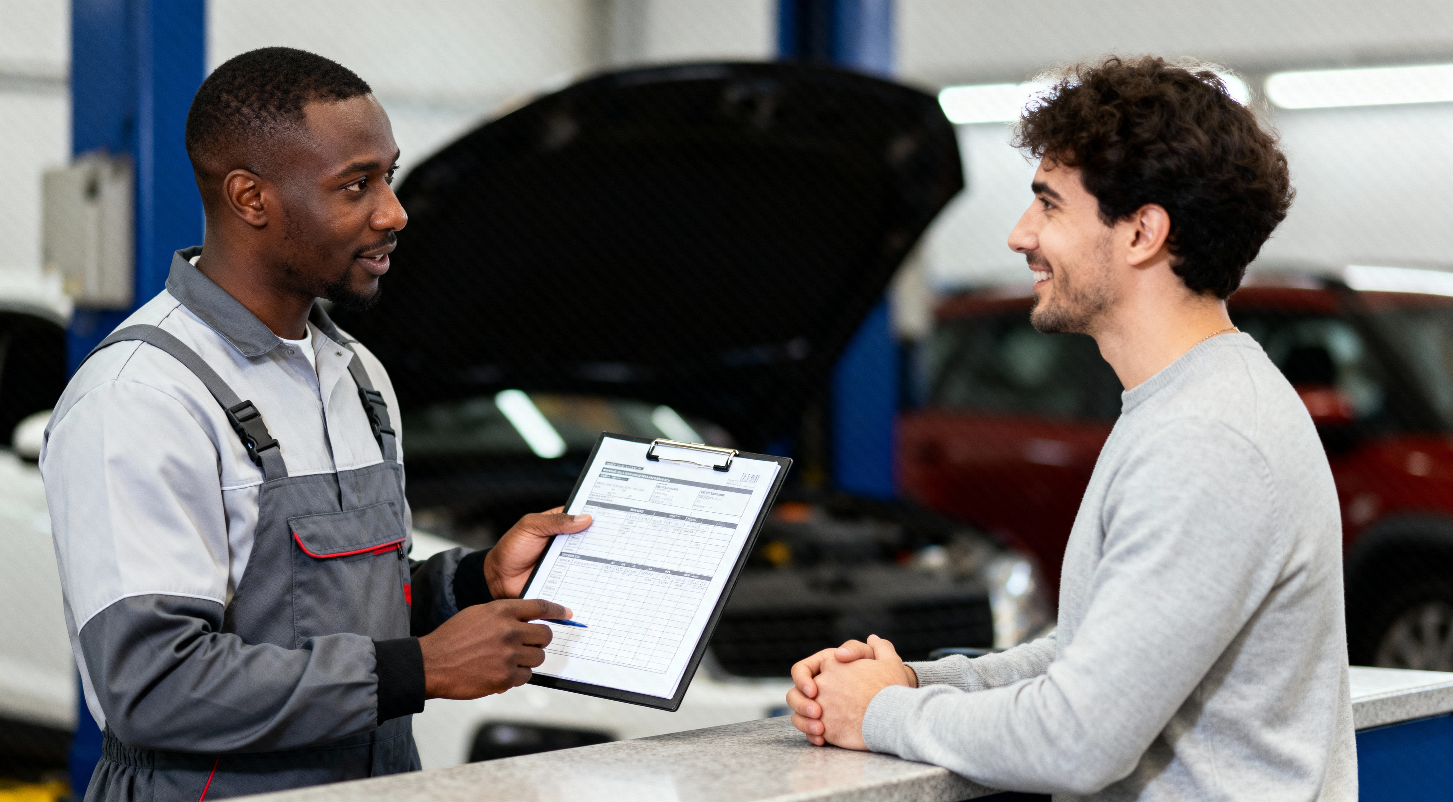 Mechanic explaining vehicle repair options to customer at service center after extended warranty denied claim