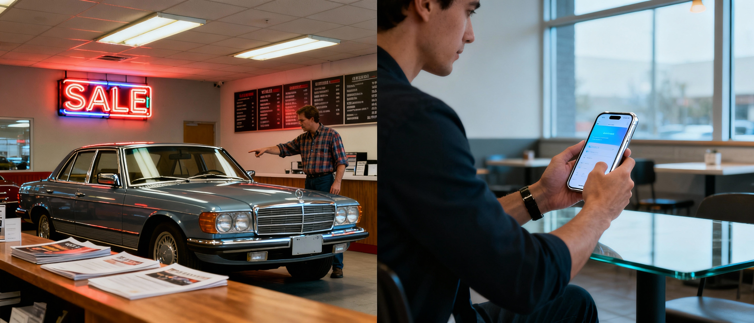 Comparison of old school traditional warranty model with complex contracts and middlemen versus new school modern subscription warranty with transparent digital interface and direct administration