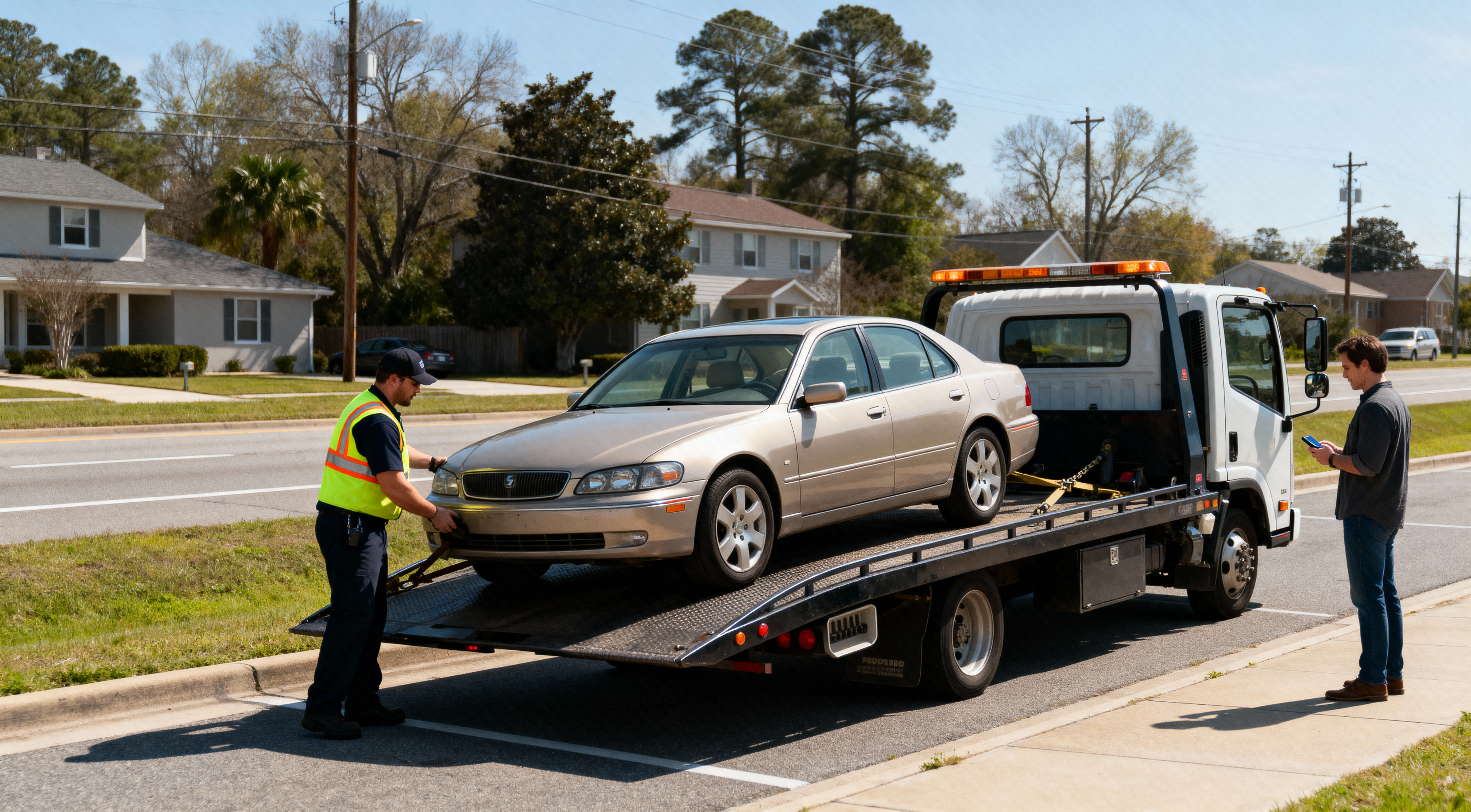 Vehicle being loaded onto tow truck after breakdown to prevent consequential damage warranty problems