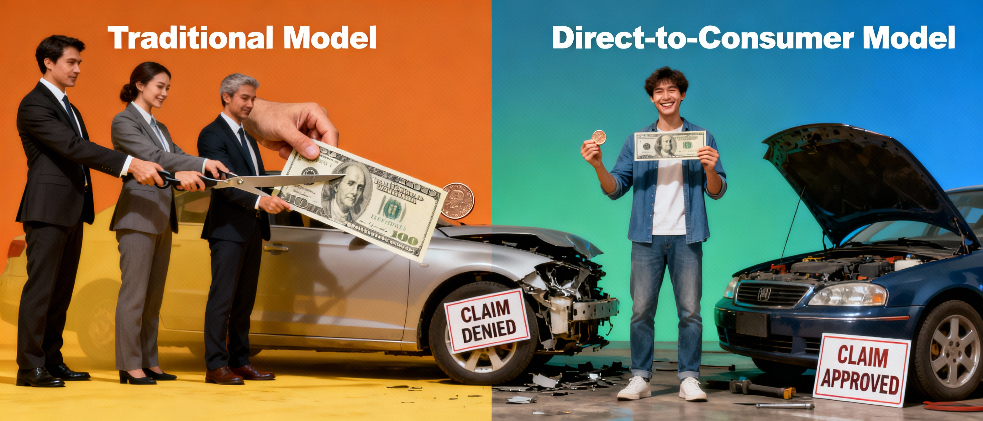 Extended warranty money flow diagram showing how traditional broker model splits customer payments between dealers, brokers, administrators and insurance before reaching claims reserves
