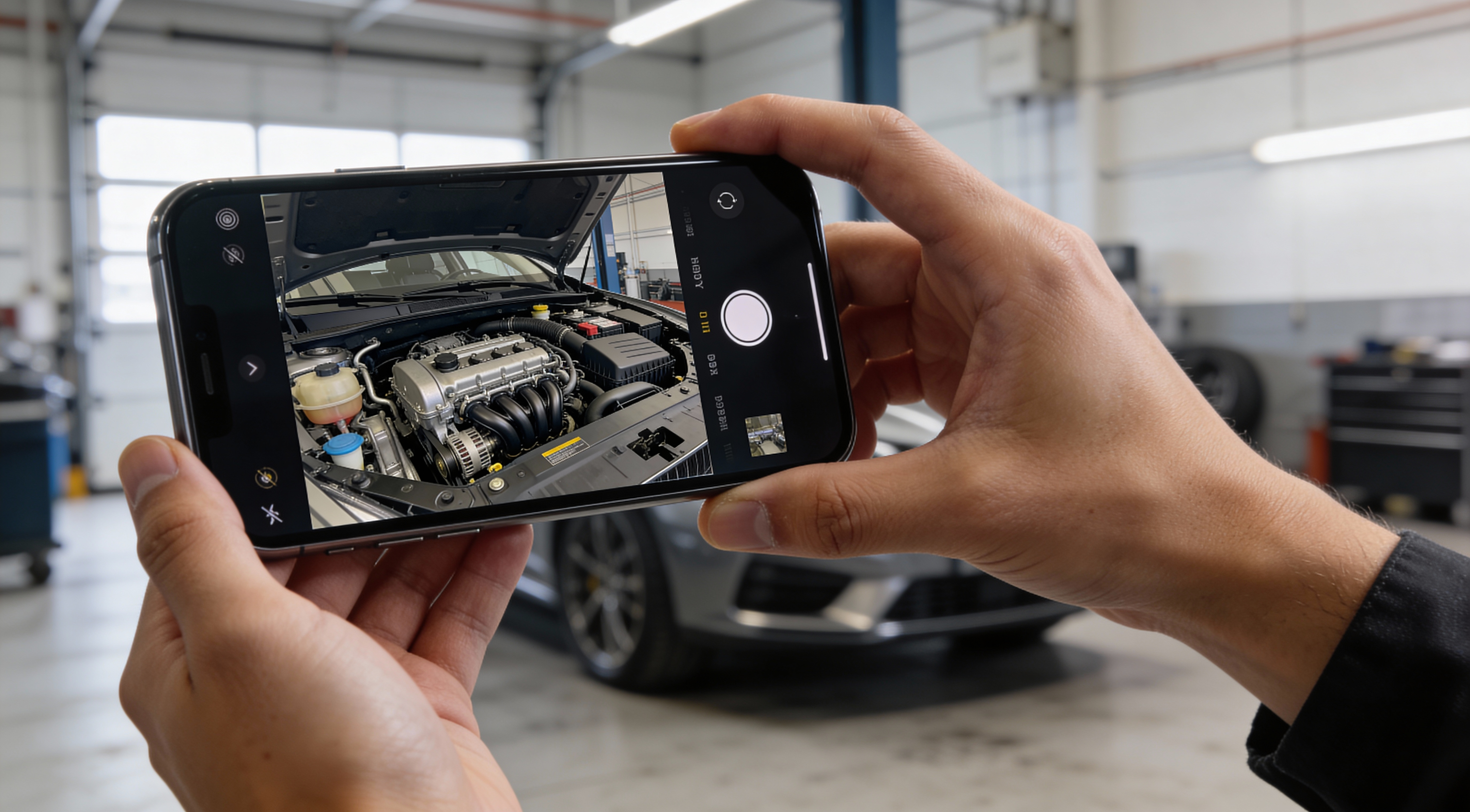 Vehicle owner using smartphone to photograph engine bay condition for warranty documentation